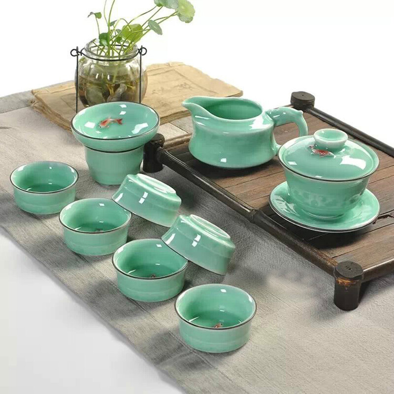 手繪龍泉青瓷陶瓷彩鯉魚杯茶具套裝 匠心傳承的藝術茶韻